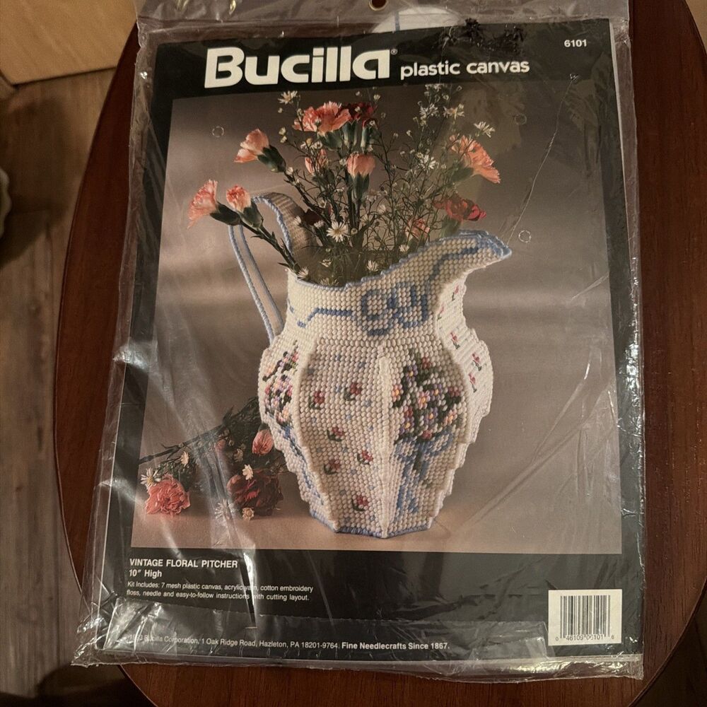 Bucilla 1993 Vintage Floral Pitcher 10" #6101 Plastic Canvas Kit 3D. New Sealed!